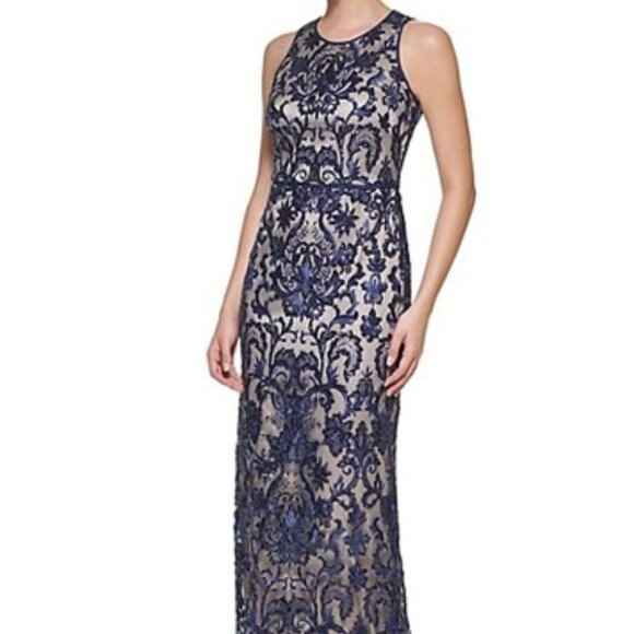 Navy Sleeveless Embroidered Sequin Gown - Picture 1 of 7